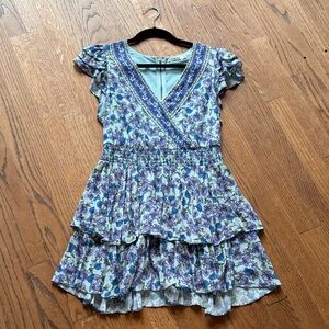 Alice + Olivia Blue and Purple Floral Ruffled Wrap Romper